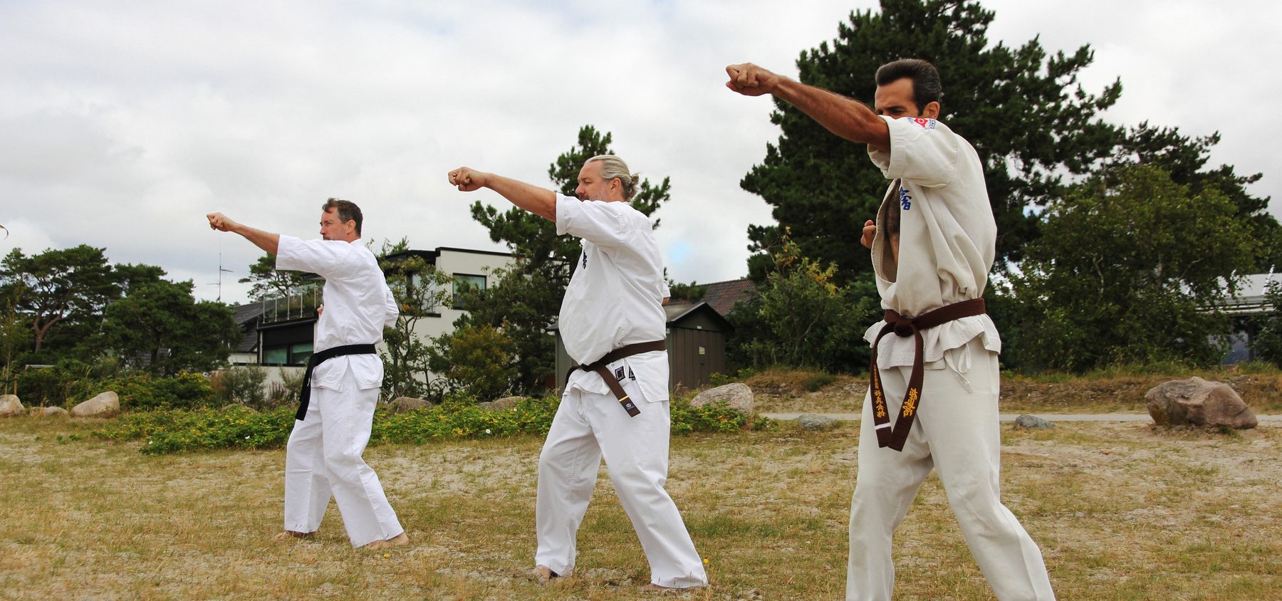 Tre karateka på rad som utför samma raka slag samtidigt på en gräsplan